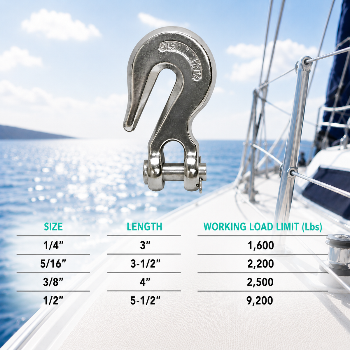 Marine Stainless Steel T316 Clevis Grab Hook Towing Shackle, Boat Chain Hook for Rigging, Towing, and Outdoor Hardware