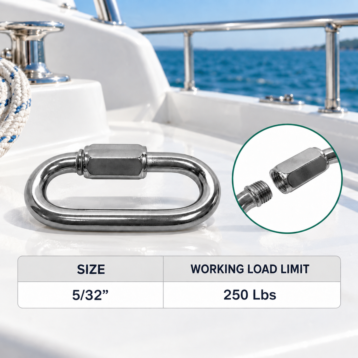 5 Pc Set Stainless Steel T316 Quick Link, Marine Grade Chain Connector in 1/8", 5/32", 3/16", 1/4", 5/16", 3/8", and 1/2"