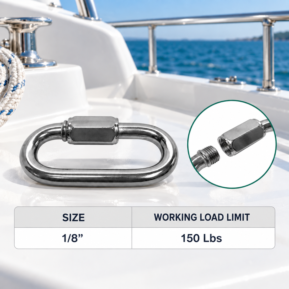 5 Pc Set Stainless Steel T316 Quick Link, Marine Grade Chain Connector in 1/8", 5/32", 3/16", 1/4", 5/16", 3/8", and 1/2"
