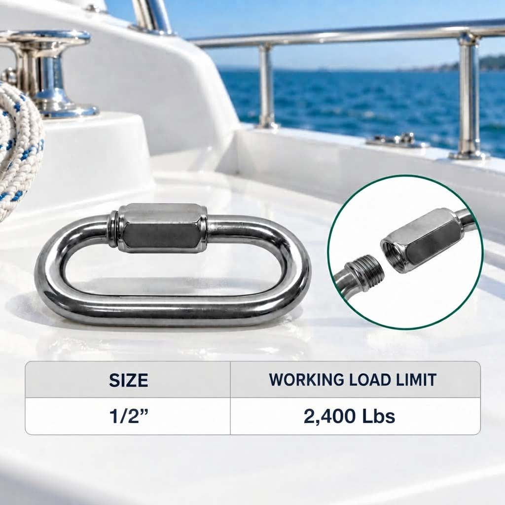 5 Pc Set Stainless Steel T316 Quick Link, Marine Grade Chain Connector in 1/8", 5/32", 3/16", 1/4", 5/16", 3/8", and 1/2"
