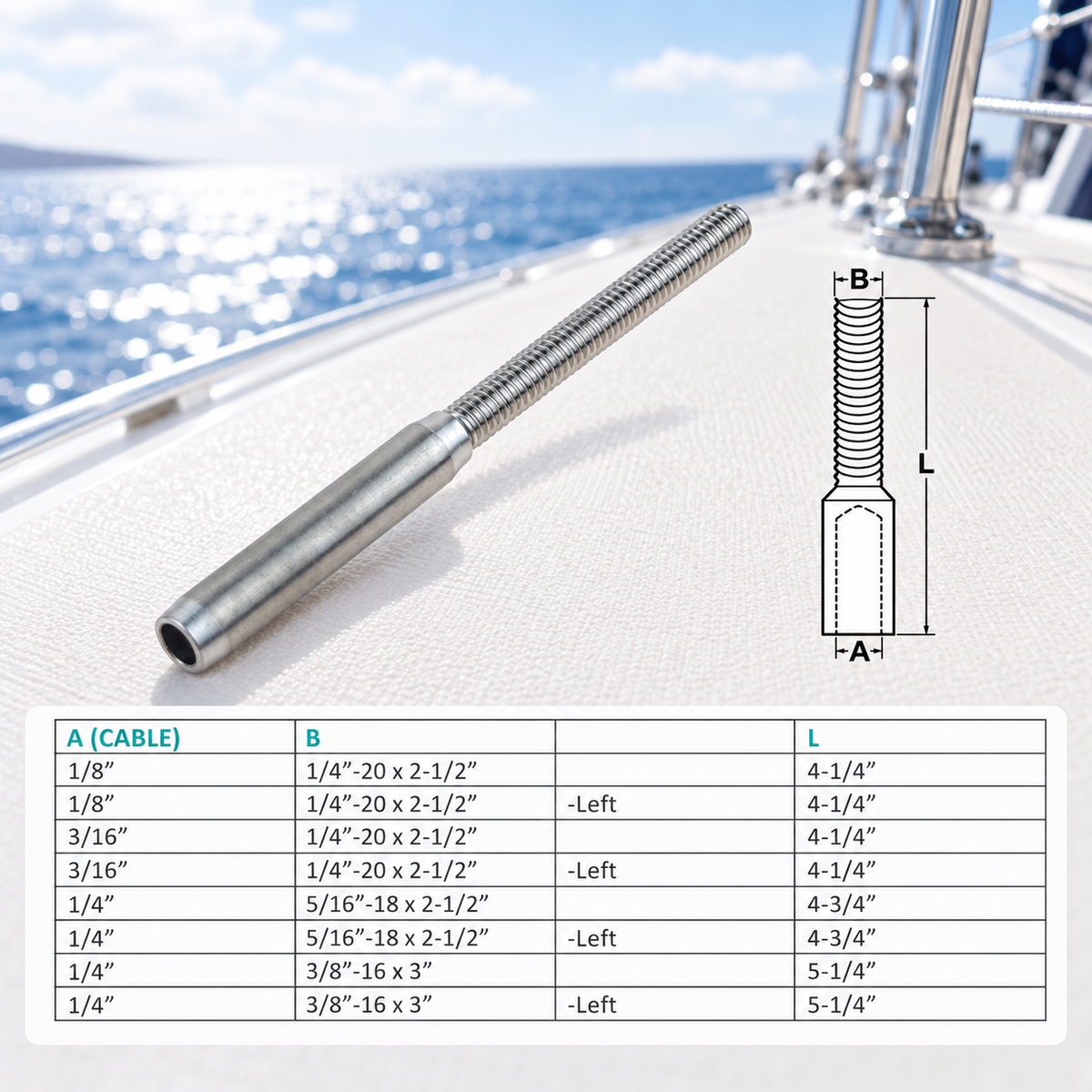 4 Pc Set Marine T316 Stainless Steel Hand Swage Lifeline Stud, Cable Rail Terminal for Deck, Dock, and Railing