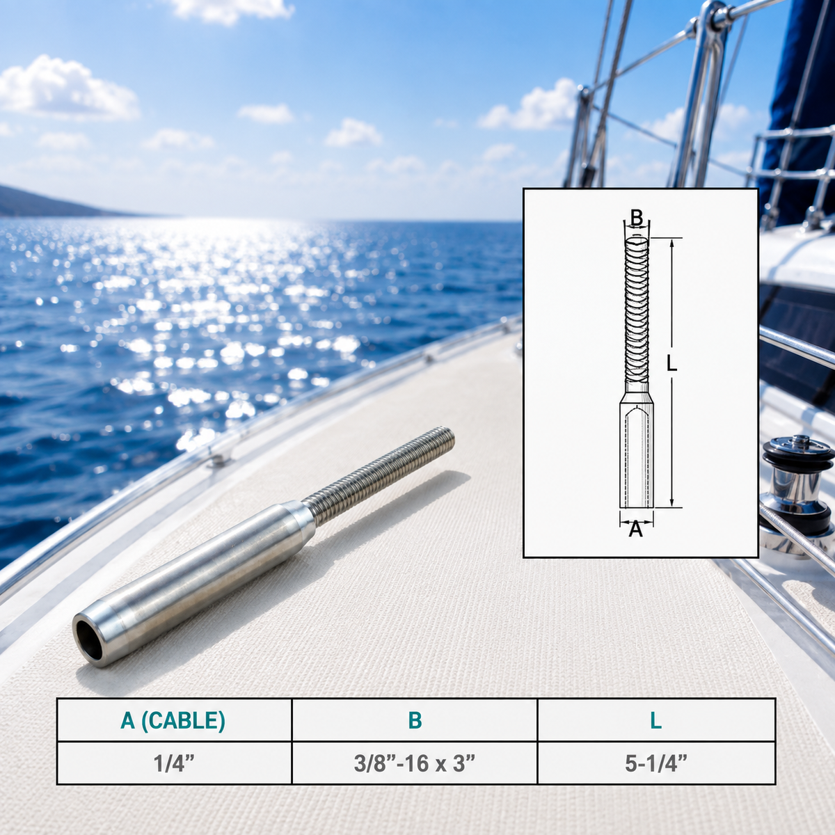4 Pc Set Marine T316 Stainless Steel Hand Swage Lifeline Stud, Cable Rail Terminal for Deck, Dock, and Railing
