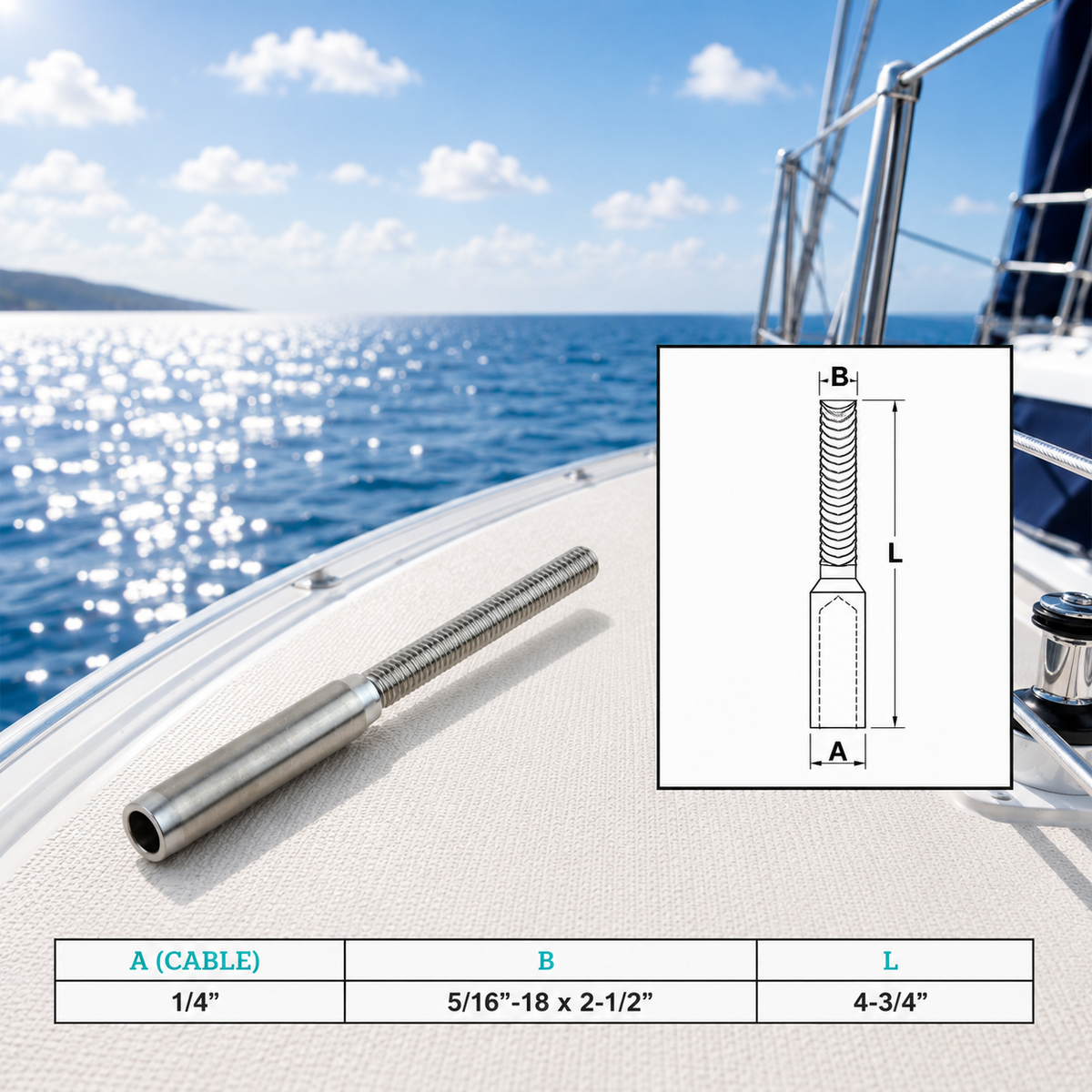 4 Pc Set Marine T316 Stainless Steel Hand Swage Lifeline Stud, Cable Rail Terminal for Deck, Dock, and Railing