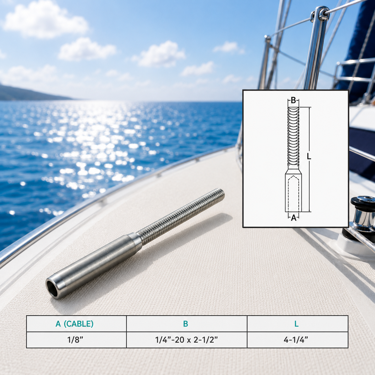 4 Pc Set Marine T316 Stainless Steel Hand Swage Lifeline Stud, Cable Rail Terminal for Deck, Dock, and Railing