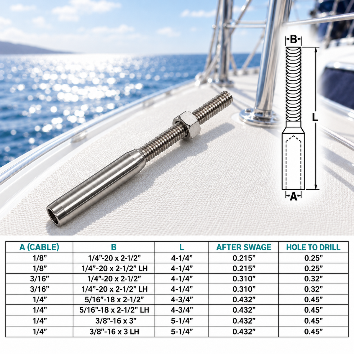 4 Pc Set Marine T316 Stainless Steel Lifeline Threaded Stud, Cable Rail Wire Rope Terminal Fitting for Deck and Rigging