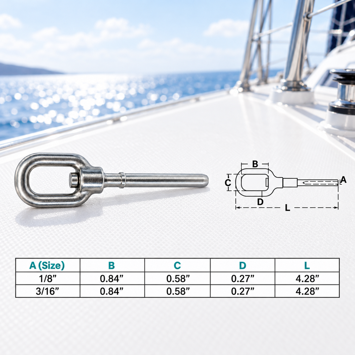 4 Pc Set Marine T316 Stainless Steel Swivel Gate Eye for Cable, Hand Swage Stud Wire Rope Terminal Fitting for Boat and Railing