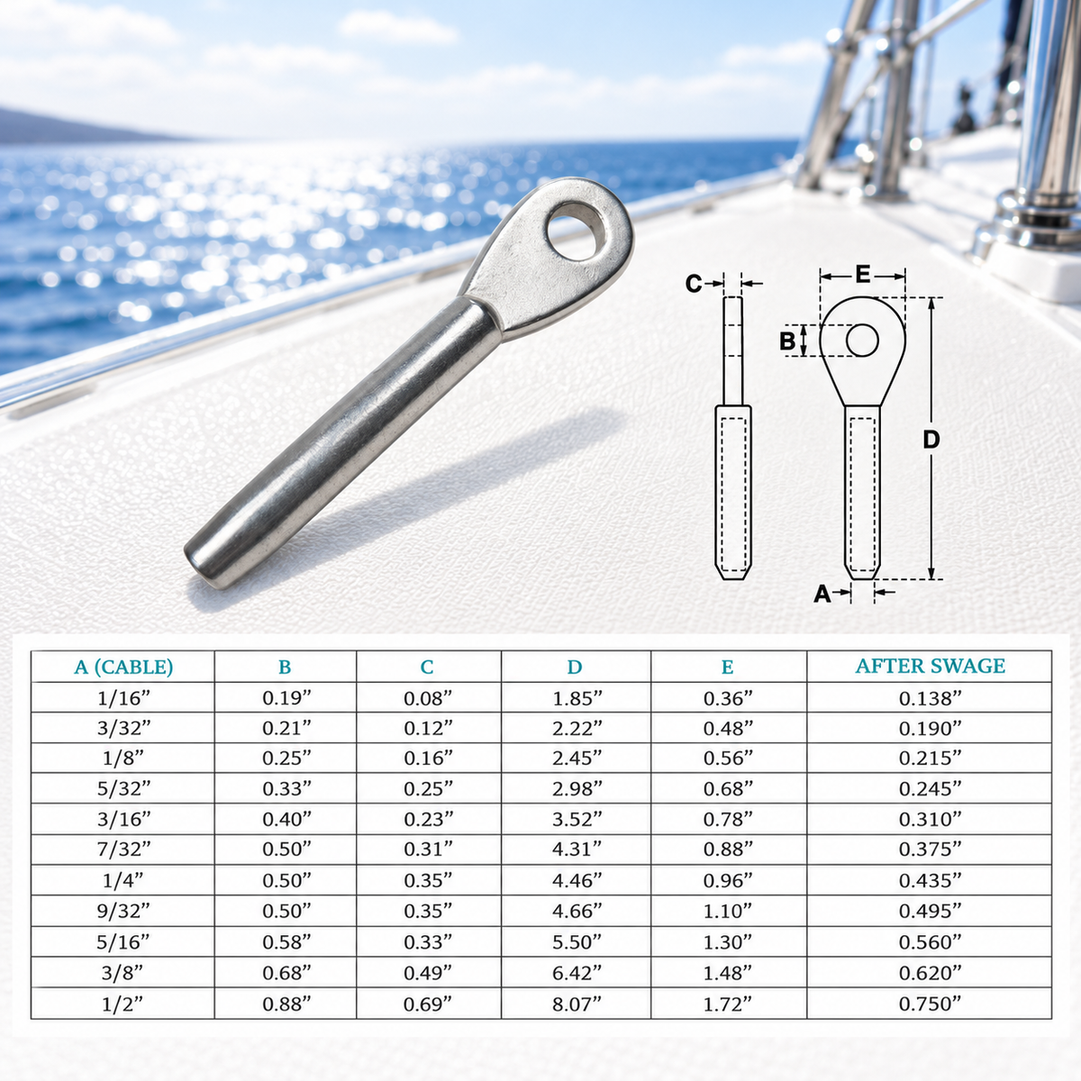 5 Pc Set T316 Stainless Steel Swage Eye Terminal, Cable Railing Wire Rope End Fitting for Marine, Deck, Rigging, and Outdoor Use