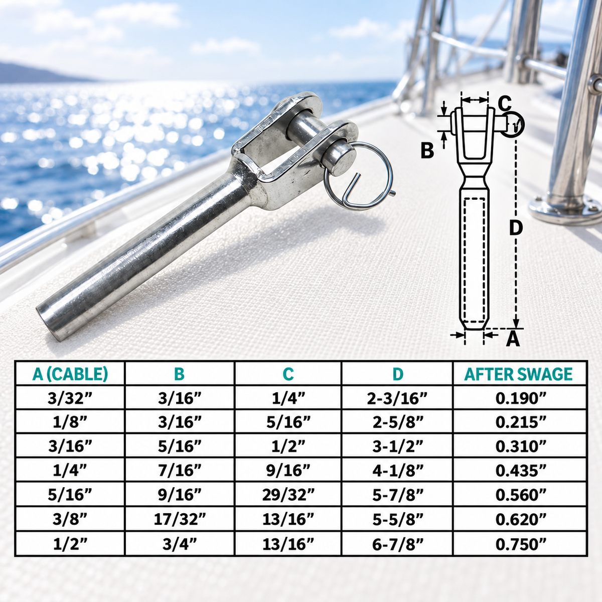 5 Pc Set Marine T316 Stainless Steel Wire Rope Swage Jaw Terminal, Cable End Fitting for Rigging, Railing, Lifeline, and Outdoor Use