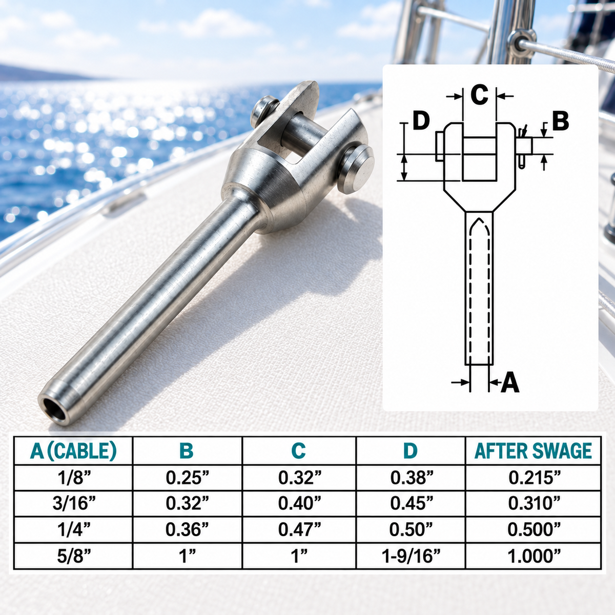 4 Pc Set T316 Stainless Steel Machined Swage Fork Terminal, Cable Wire Railing End Fitting for Marine, Deck, Stair, Rigging Use