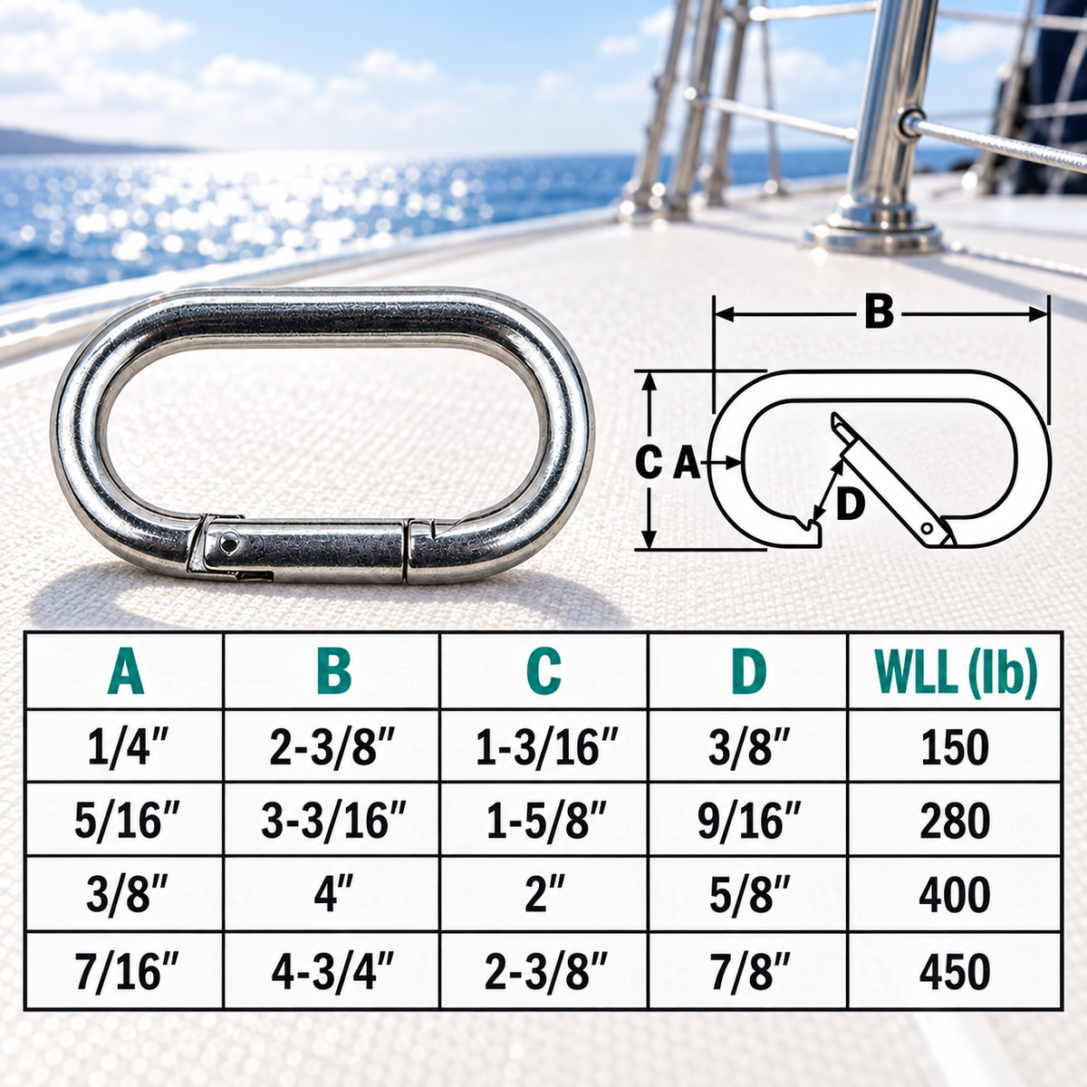 5 Pc Set Marine T316 Stainless Steel Straight Snap Hook Oval Carabiner, Boat Rigging Clip for Rope, Cable, Chain, Dock, and Deck Use