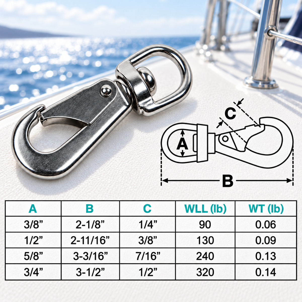 10 Pc Set Marine T304 Stainless Steel Swivel Eye Snap Hook, Boat Clip for Rope, Cable, Chain, Dock, Deck, and Outdoor Use