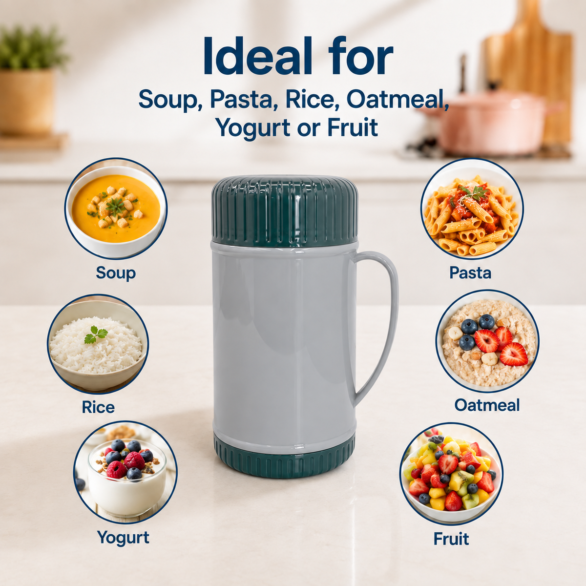 1.3L /42 oz Insulated Food Jar, Double Lid Vacuum Insulated Food Container, Leakproof Thermal Lunch Jar for Soup