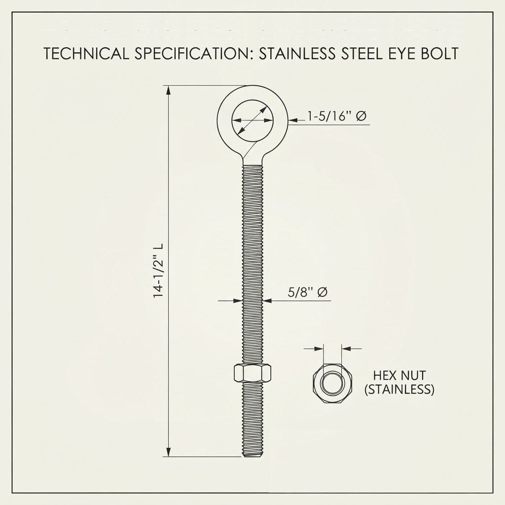 T316 Stainless Steel 5/8" x 12" Welded Plain Eye Bolt 2400 Lb WLL Fully Threaded