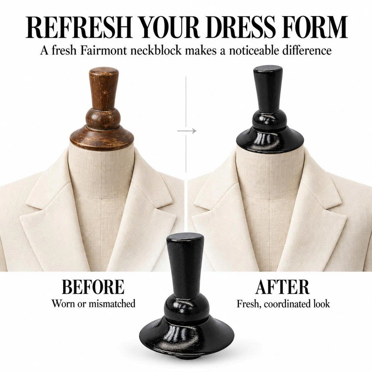 Fairmont Black Neck Block, 99mm Mannequin Neck Cap for Fabric Dress Forms, Replacement Top Finial for Clothing Displays