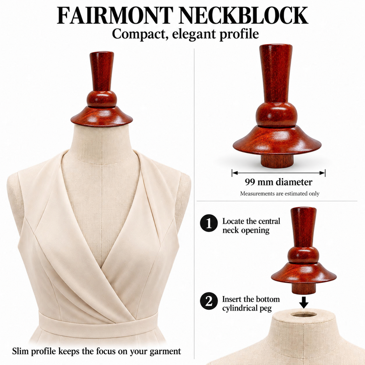 Fairmont Walnut Neck Block, 99mm Mannequin Neck Cap for Fabric Dress Forms, Replacement Top Finial for Clothing Displays