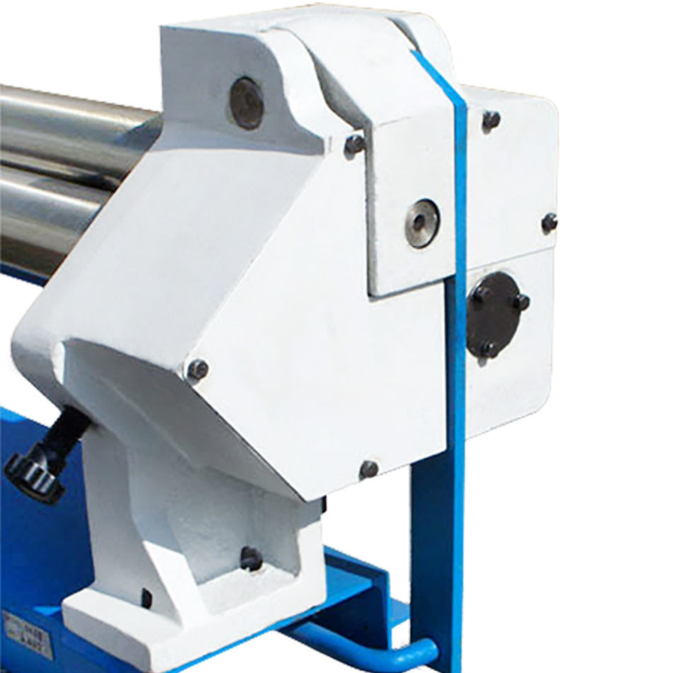 Blue and white sheet metal roller bender tool with adjustable 3-roll design.