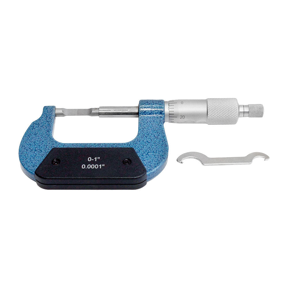 Precision outside micrometer with ratchet stop and carbide faces in protective case.