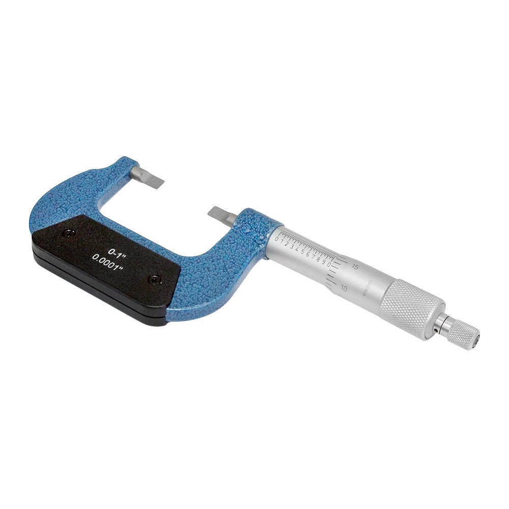 0-1 inch machinist micrometer set with calibration rod and wrench in foam-lined box.