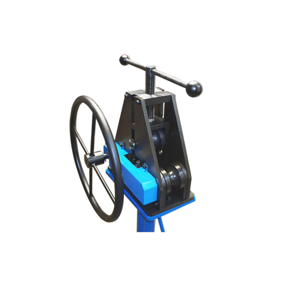 Workshop pipe roller bender with adjustable rollers and sturdy metal stand