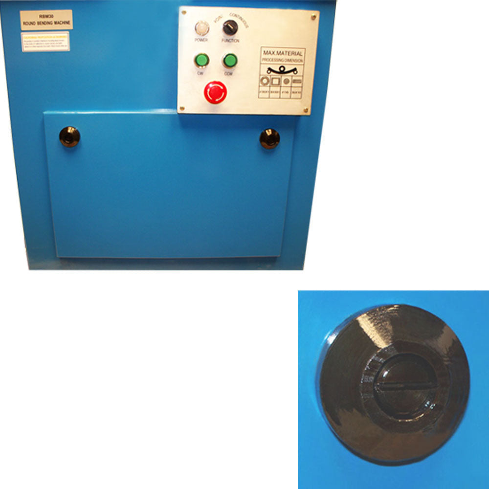 Heavy-duty steel roller bender with foot pedal control and dual-handle adjustment arms.