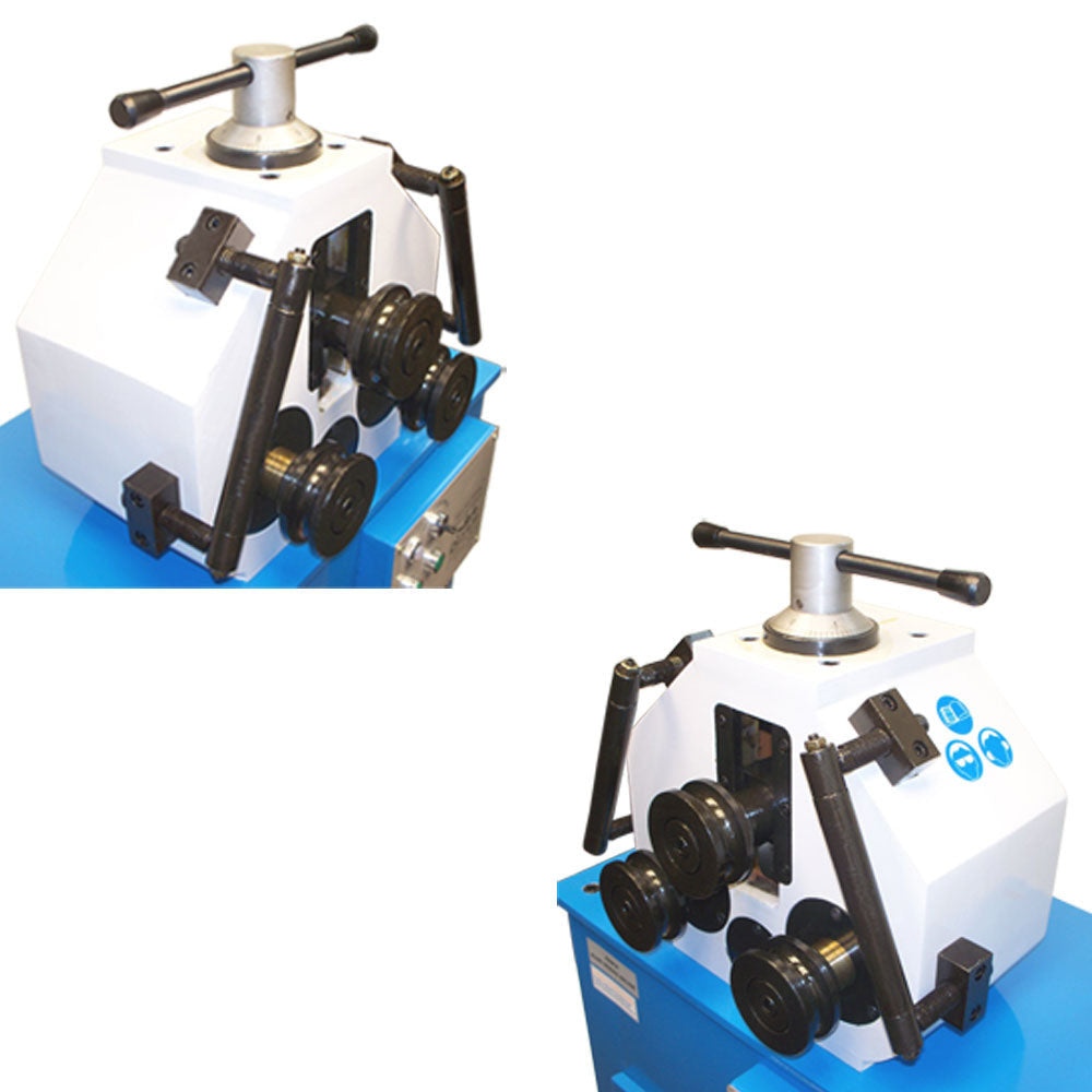Electric ring roller bender machine with 1.5HP motor and steel forming rollers.