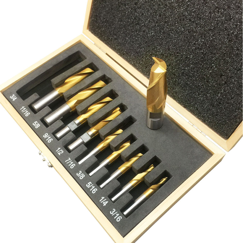 10 PC HSS 2 Flut End Mill Set Tin Coated Single End Shank Mills Sz: 3/16''-3/4''