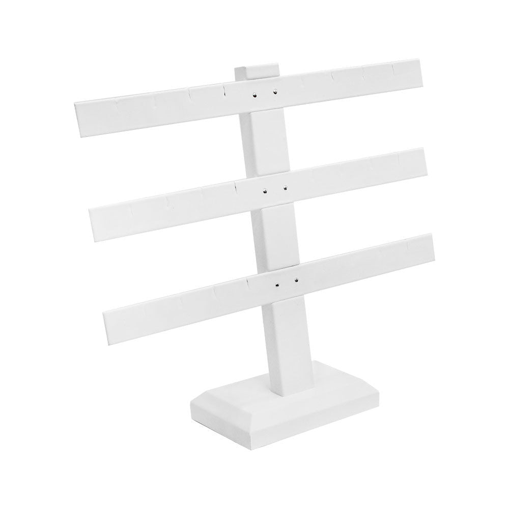 10'' x 9'' White Faux Leather 3 Bars Earring Stand Display Jewelry Showcase Leatherette