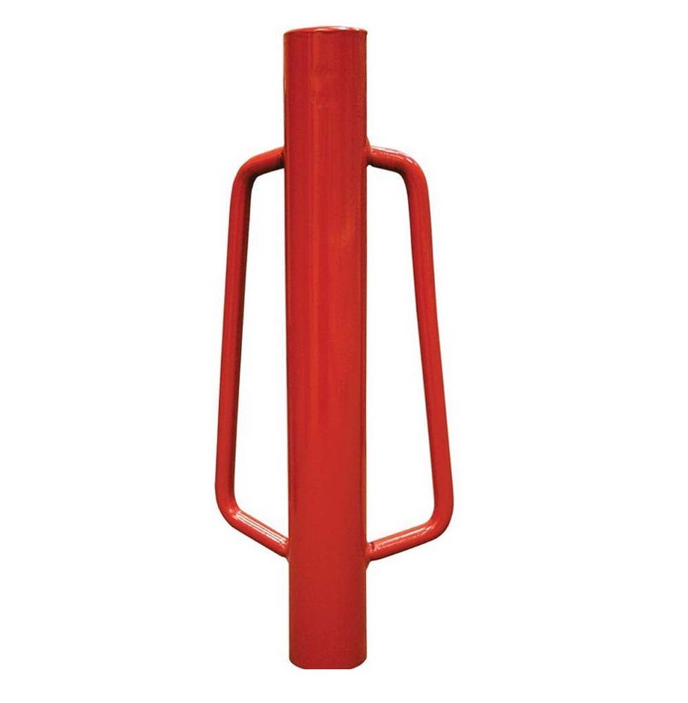 Heavy duty steel post driver with red handles for driving T-posts and fence posts.