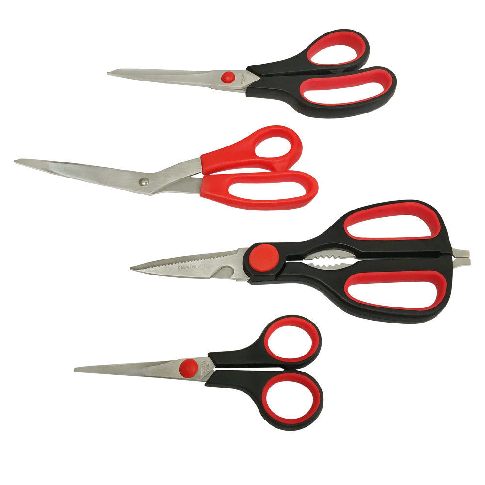 Assorted stainless steel scissors set featuring four sizes for cutting fabric, paper, and kitchen use.