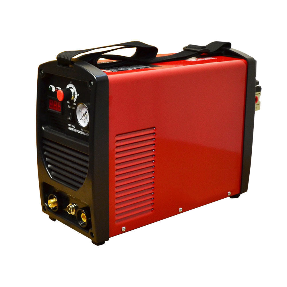 IGBT-style plasma cutter unit in red housing, power cord attached, with coiled torch cable and clamp for metal cutting