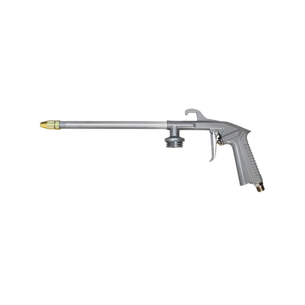 Pneumatic air tool kit with silver spray gun, red air tank, orange hose, and air duster tools.