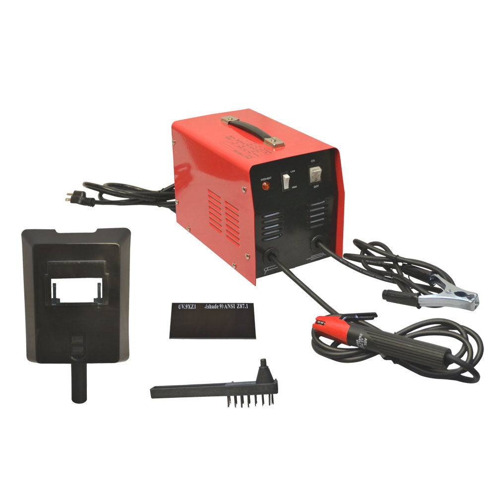 Red MMA arc welder with cooling fan shown with welding mask, brush, cables, and electrode holder.