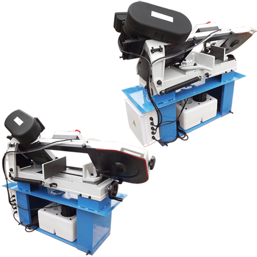 Horizontal and vertical 7x12 band saw metal cutter with blue base and wheels