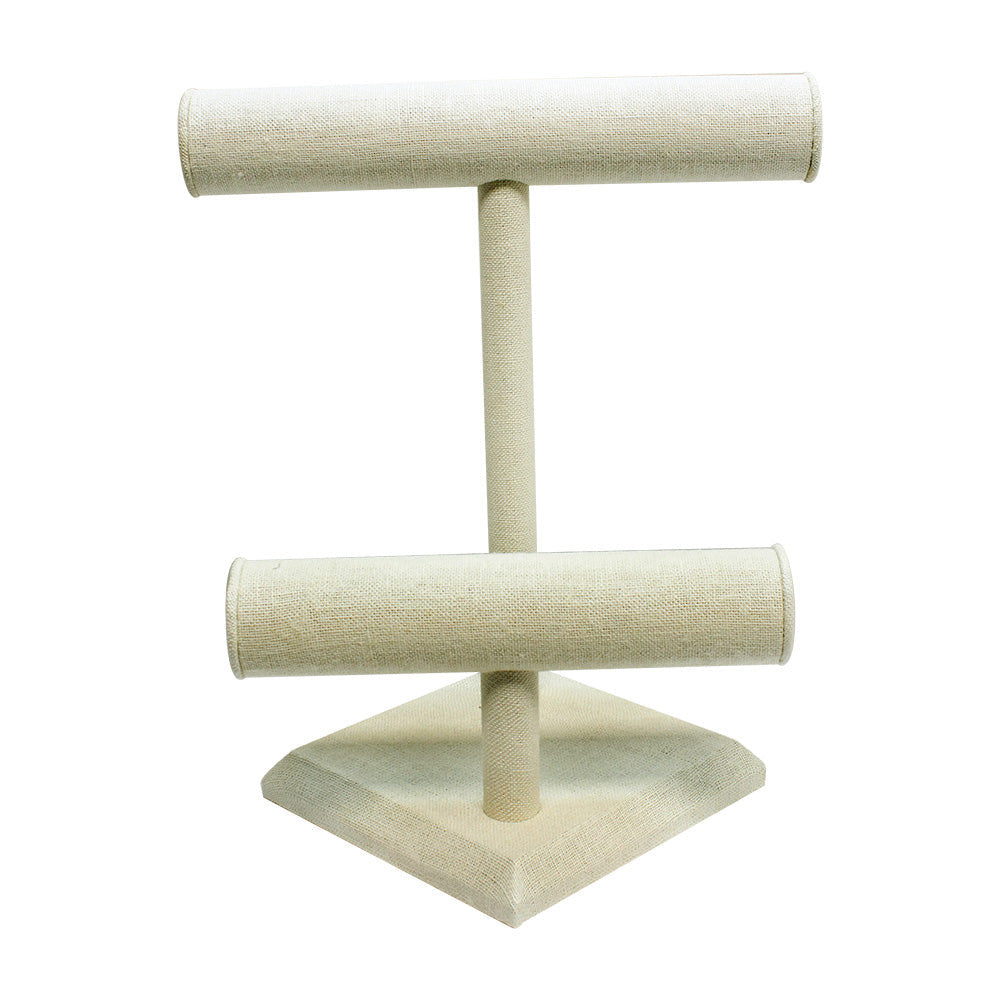 9" x 7" Beige Linen Wrapped Oval Double Round T-Bar Jewelry Display Watches Necklaces Bracelets Holder