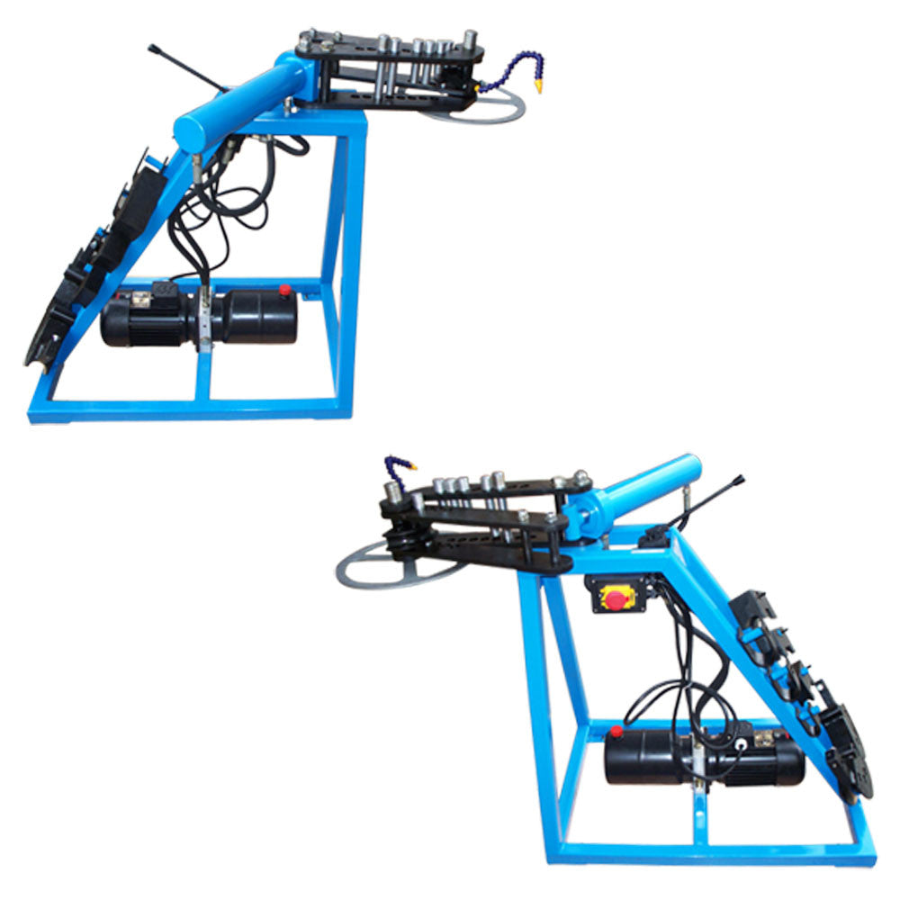 Blue metal tube bender with hydraulic cylinder and stacked die attachments.