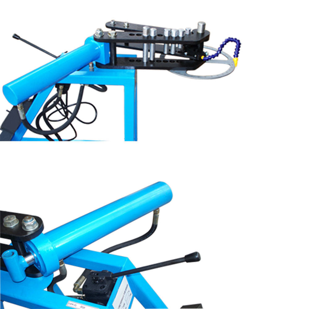 Tube bender with electric motor, hydraulic pump, and adjustable bending arm.