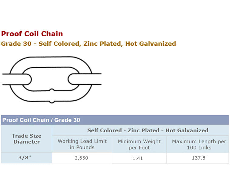 Grade 30 Proof Coil Chain Hot Dip Galvanized Steel 3/8" x 100' Ft
