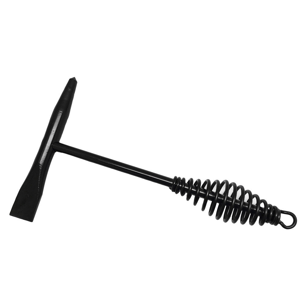 Black carbon steel welding hammer with coil spring handle for vibration reduction.
