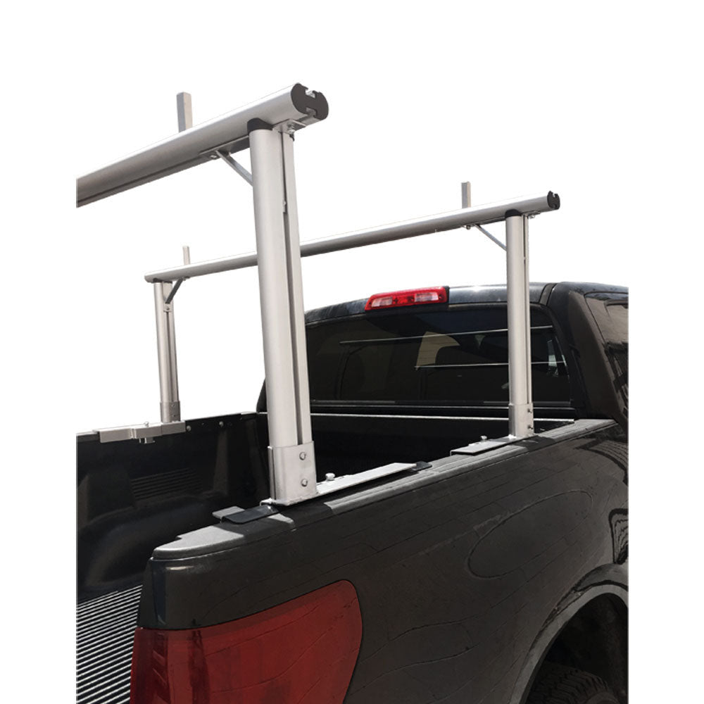 Truck bed showing lightweight aluminum cargo rack for ladders and long materials