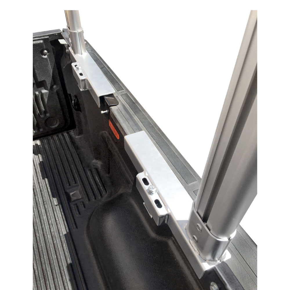 Universal aluminum pickup rack fitted to truck bed for hauling ladders and pipes