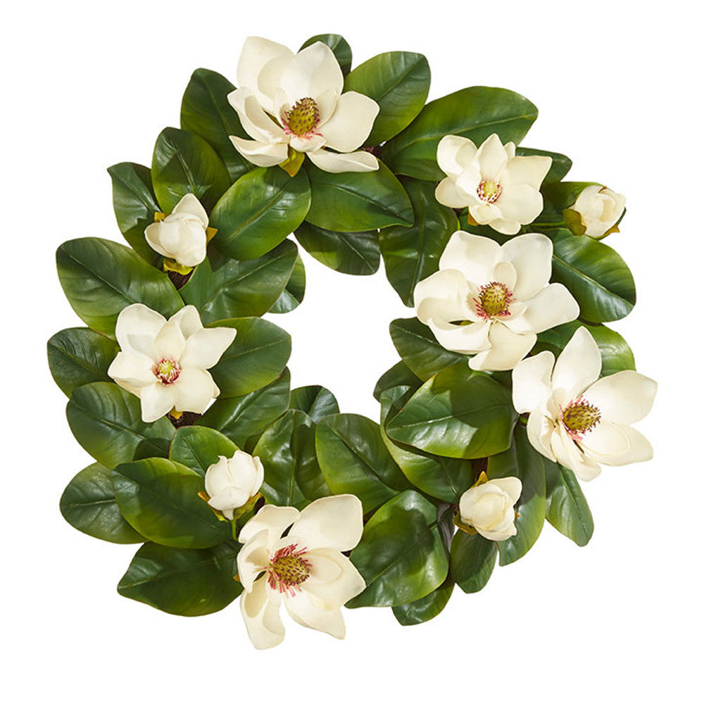 23" Spring Botanical Farmhouse Real Touch Artificial Magnolia Wreath Silk Floral Home Decoration