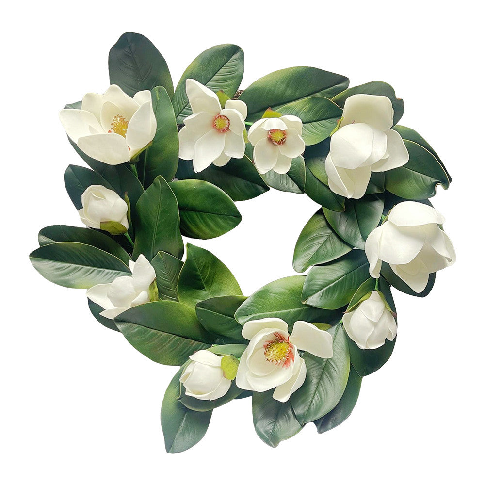 23" Spring Botanical Farmhouse Real Touch Artificial Magnolia Wreath Silk Floral Home Decoration
