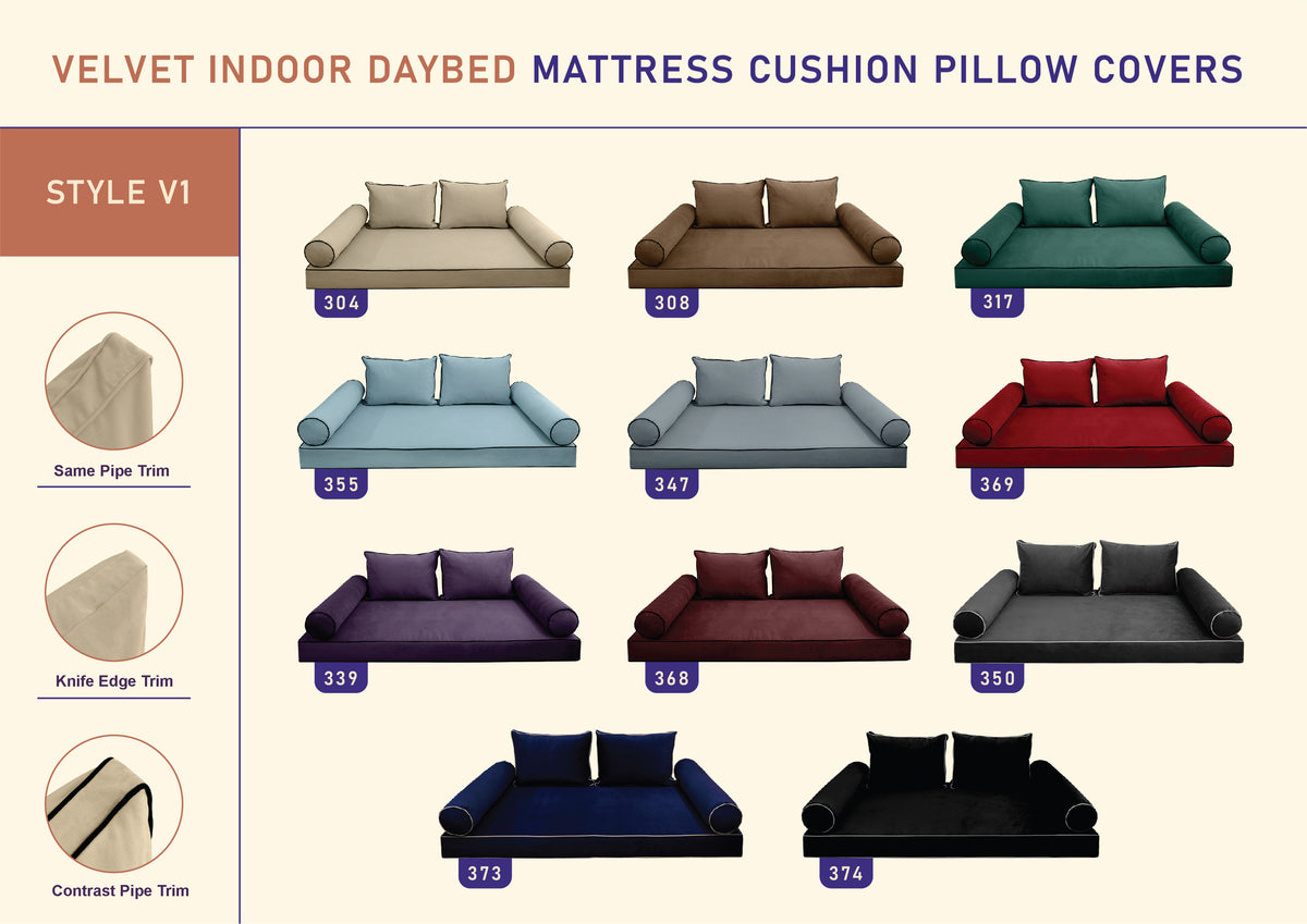 STYLE V1 - Velvet Indoor Daybed Mattress Bolster Backrest Cushion Pillow Complete Set