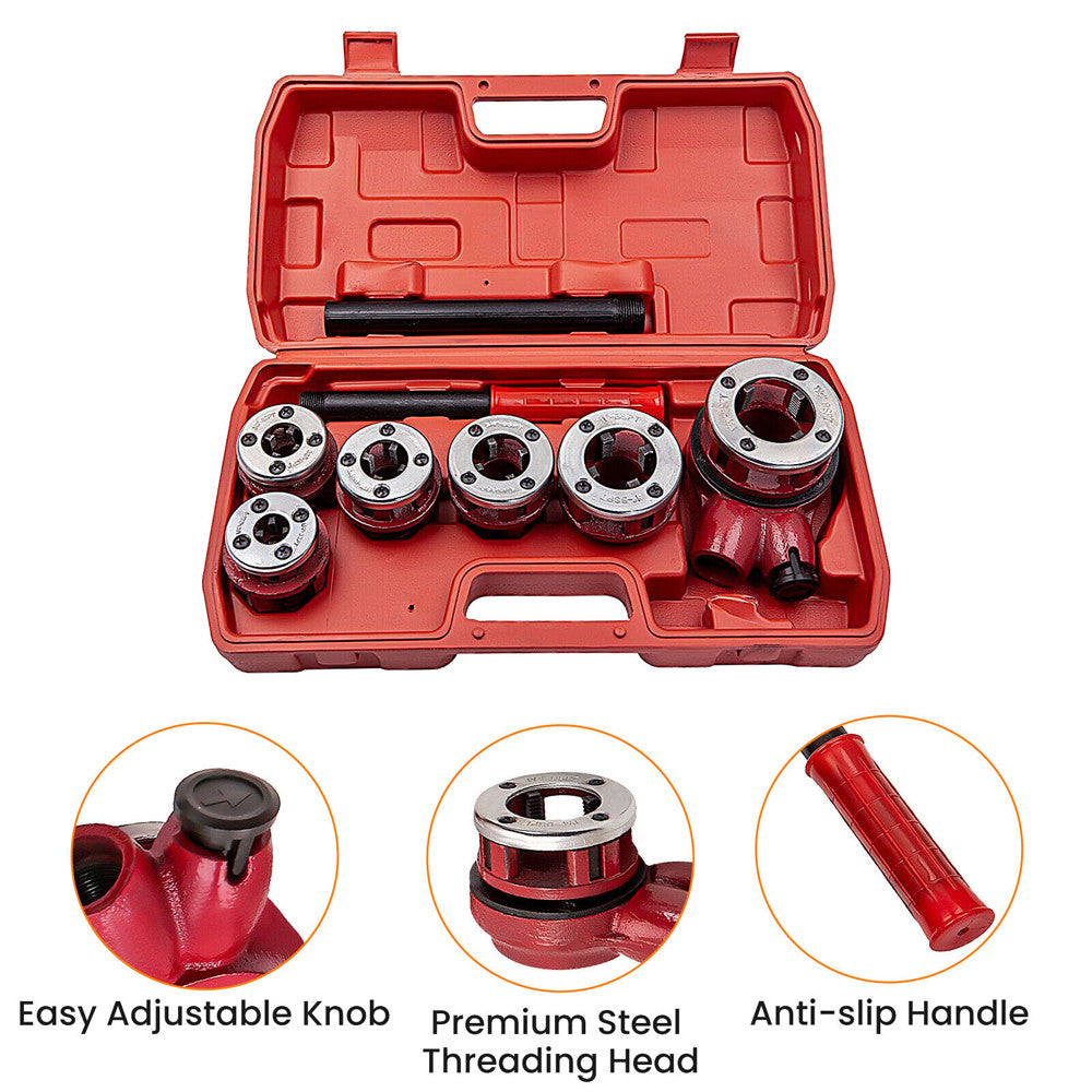6 Pc Ratchet Pipe Threader Kit Die Bar Head Handle Tool Set 1/4" 3/4" w/ 6 Dies