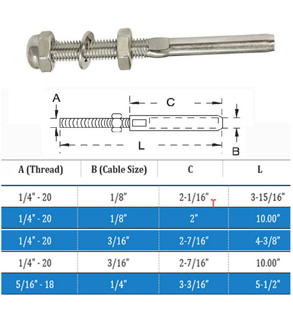 Stainless Steel Swage Threaded Stud End Fitting for 1/8",1/4", 3/16" Cable Rail