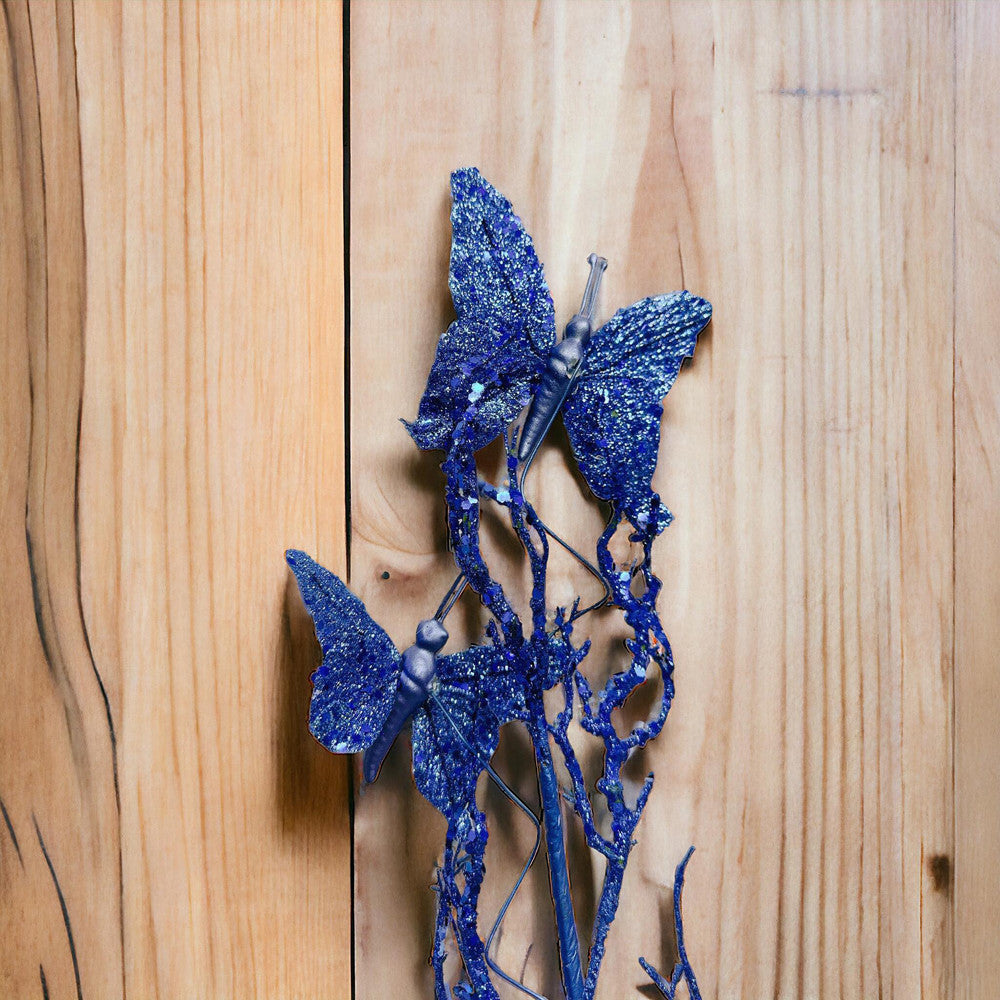 10 Pcs Artificial 31" Blue Glitter Butterflies Dead Twig Spray Window Insect Floral Decor Party Flower Arrangement