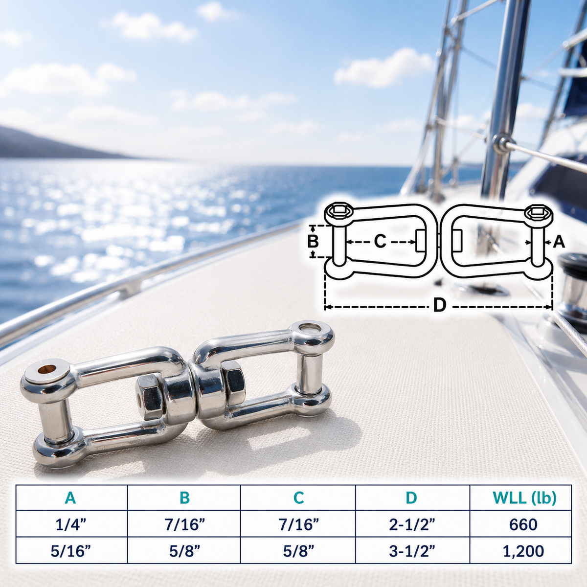 4 Pc Set Marine T316 Stainless Steel Jaw Jaw Swivel Shackle Anchor Connector, Flush Pin Chain and Rigging Link for Boat and Dock Use