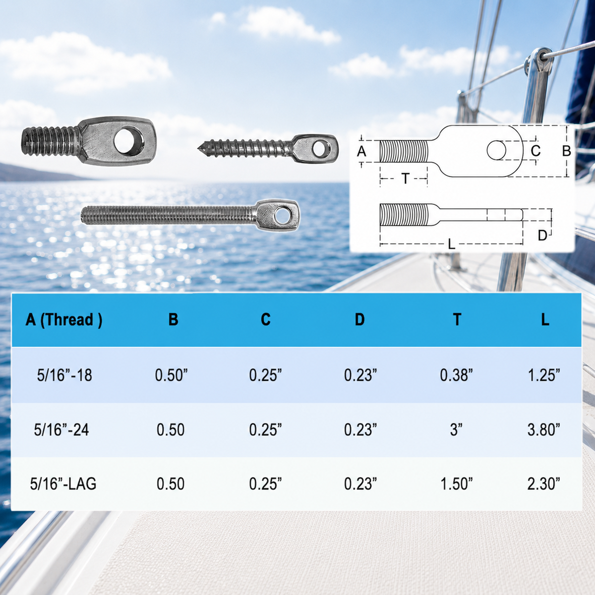 T316 Stainless Steel Threaded Eye Tab 5 Pack, 5/16"-18, 5/16"-24, and 5/16" Lag Thread Marine Grade Cable Hardware