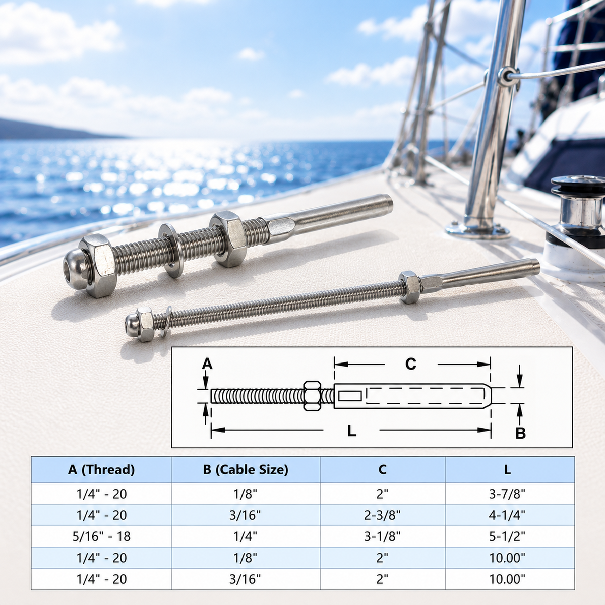 10 Pc Set T316 Stainless Steel Swage Threaded Stud End Fitting, Cable Rail Terminal for 1/8", 3/16", and 1/4" Cable