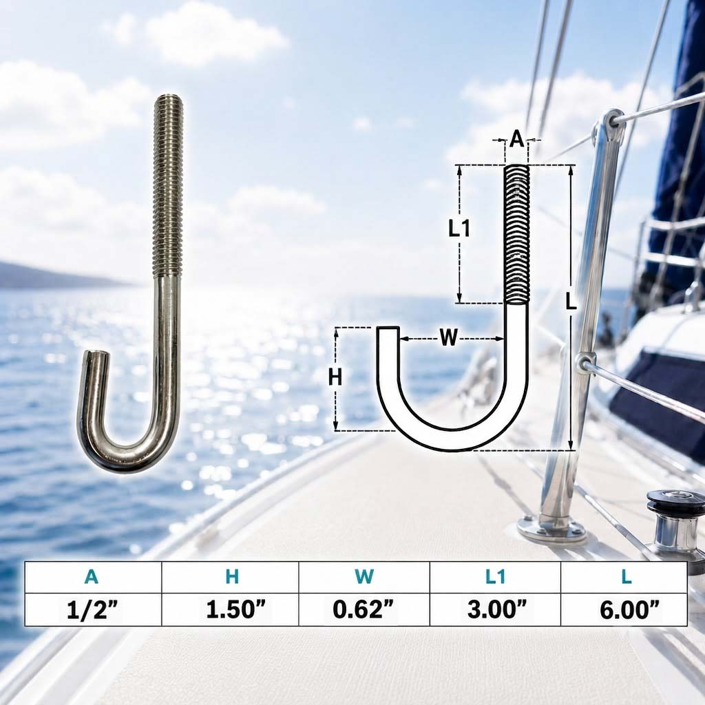 4 Pc Set Marine T316 Stainless Steel J Bolt Spring Hook, J-Bolt J Hook Hardware for Rope, Chain, Cable, Dock